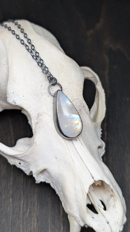 Teardrop Rainbow Moonstone Textured Sterling Silver Necklace