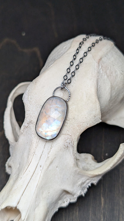 Rosecut Rainbow Moonstone Textured Sterling Silver Necklace