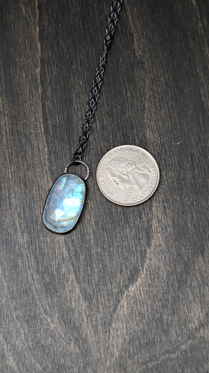 Rosecut Rainbow Moonstone Textured Sterling Silver Necklace