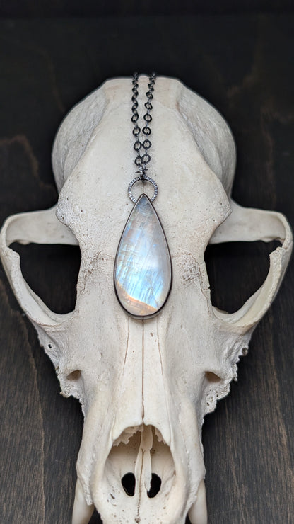 Teardrop Rainbow Moonstone Textured Sterling Silver Necklace