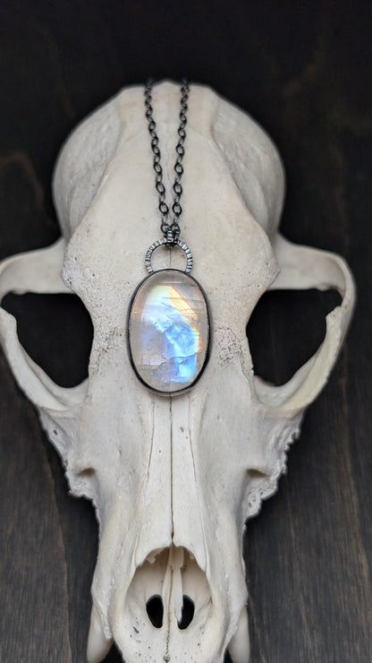 Oval Rainbow Moonstone Textured Sterling Silver Necklace