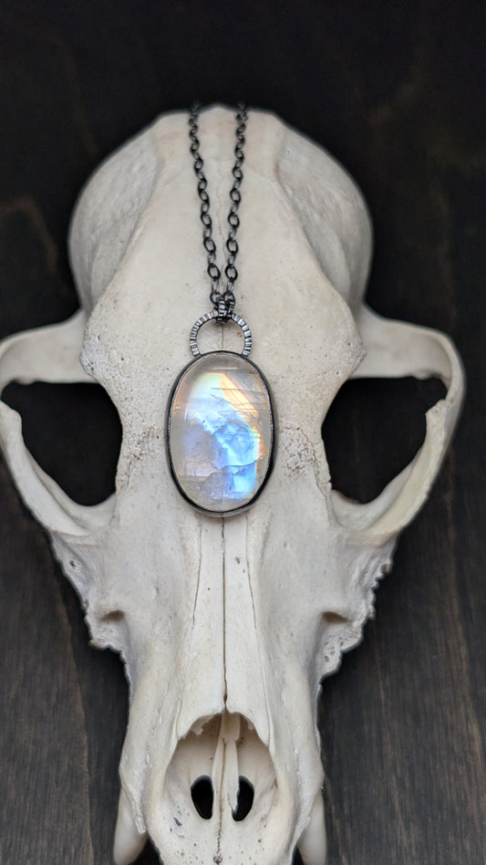 Oval Rainbow Moonstone Textured Sterling Silver Necklace