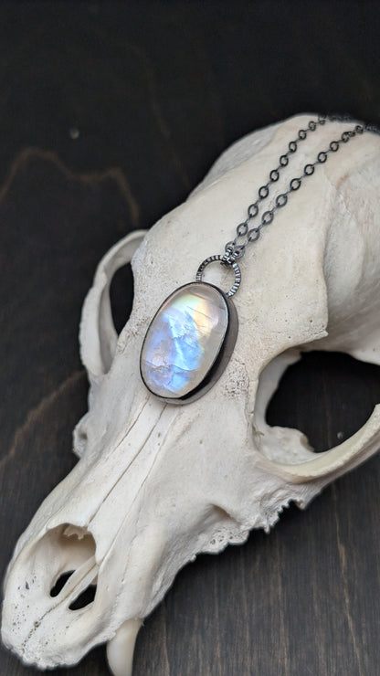 Oval Rainbow Moonstone Textured Sterling Silver Necklace