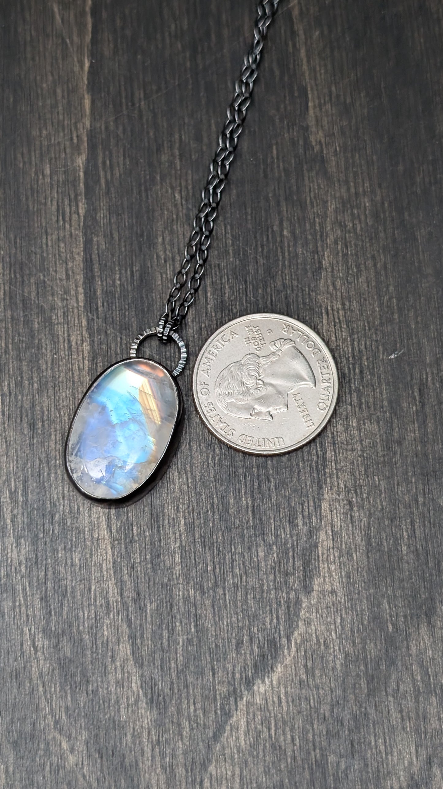 Oval Rainbow Moonstone Textured Sterling Silver Necklace