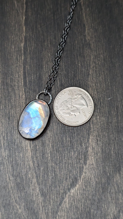 Oval Rainbow Moonstone Textured Sterling Silver Necklace
