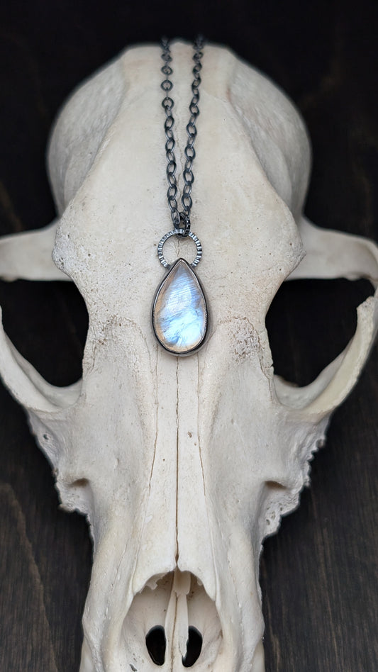 Teardrop Rainbow Moonstone Textured Sterling Silver Necklace