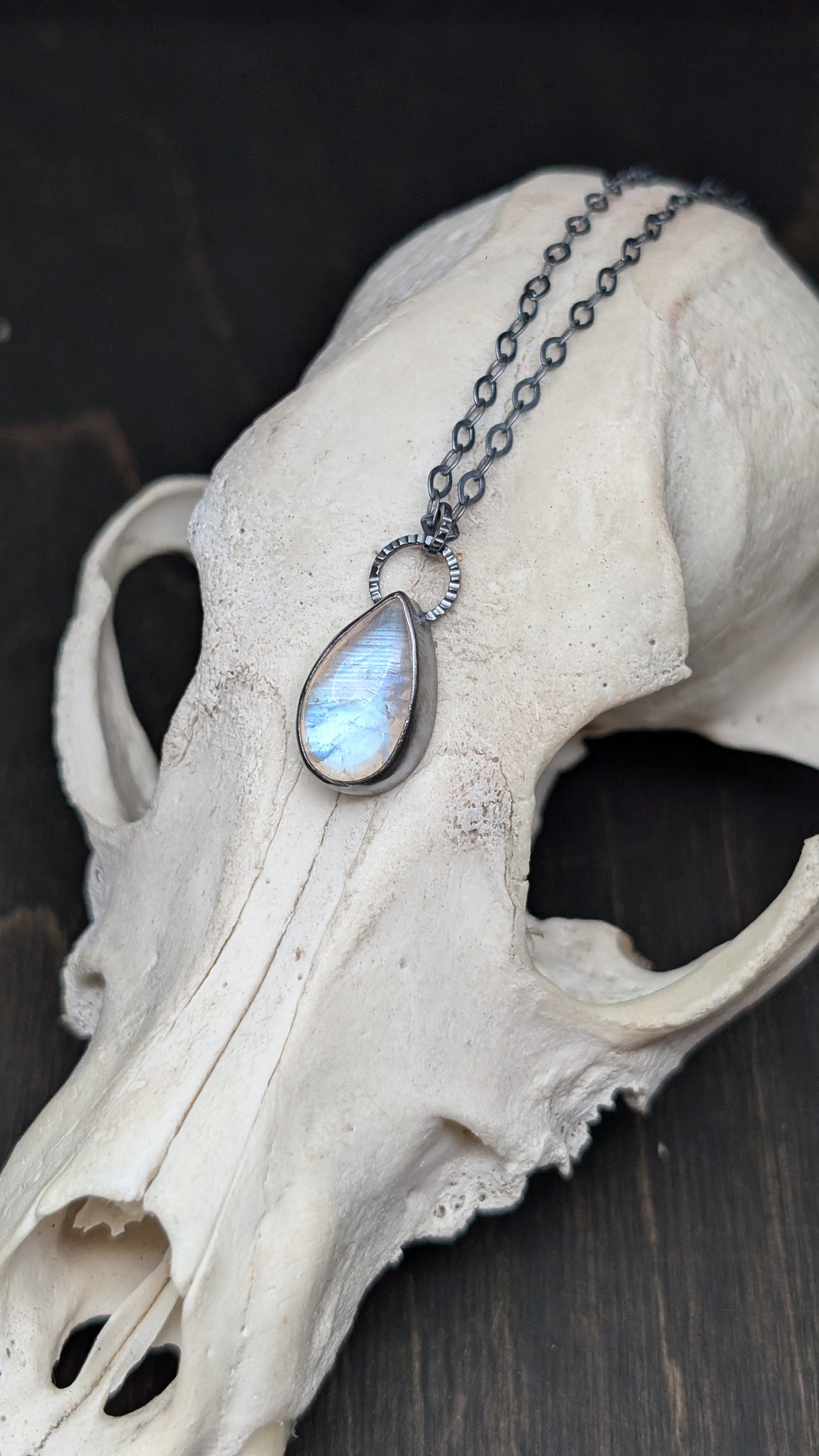 Teardrop Rainbow Moonstone Textured Sterling Silver Necklace