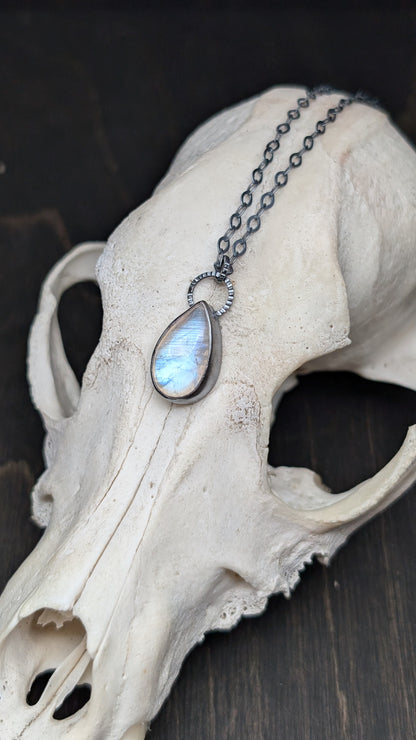 Teardrop Rainbow Moonstone Textured Sterling Silver Necklace