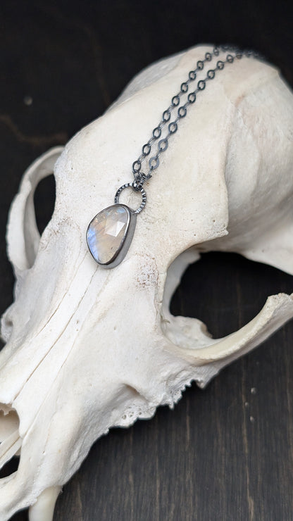 Rosecut Rainbow Moonstone Textured Sterling Silver Necklace