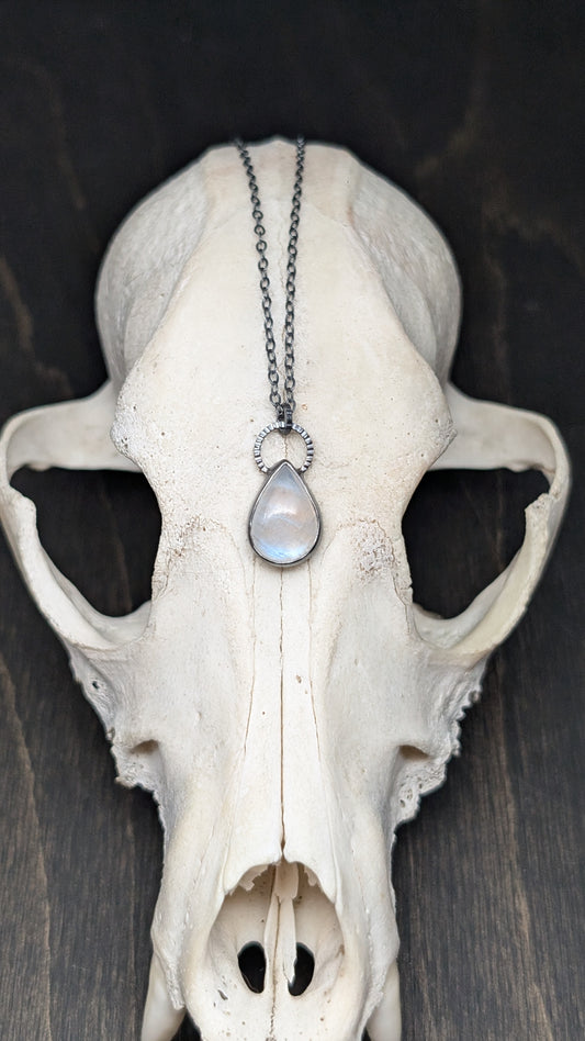 Teardrop Rainbow Moonstone Textured Sterling Silver Necklace