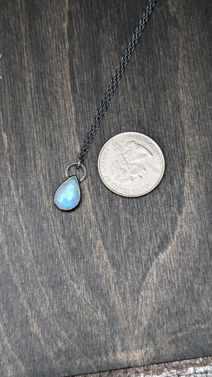 Teardrop Rainbow Moonstone Textured Sterling Silver Necklace