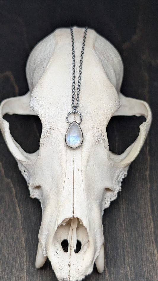 Teardrop Rainbow Moonstone Textured Sterling Silver Necklace