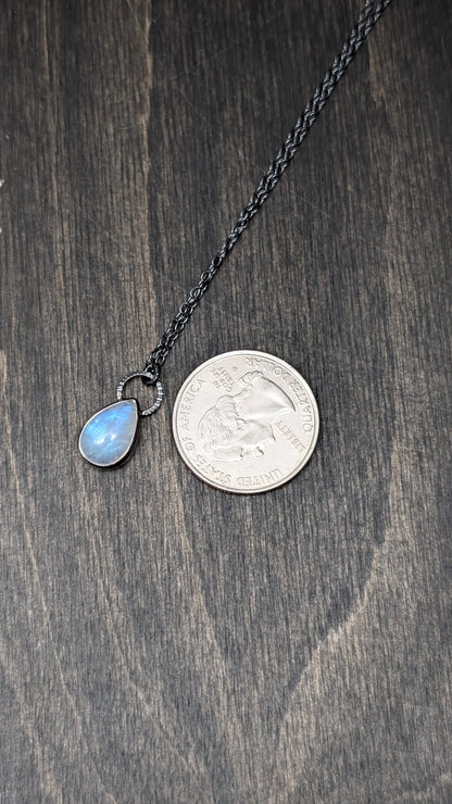 Teardrop Rainbow Moonstone Textured Sterling Silver Necklace