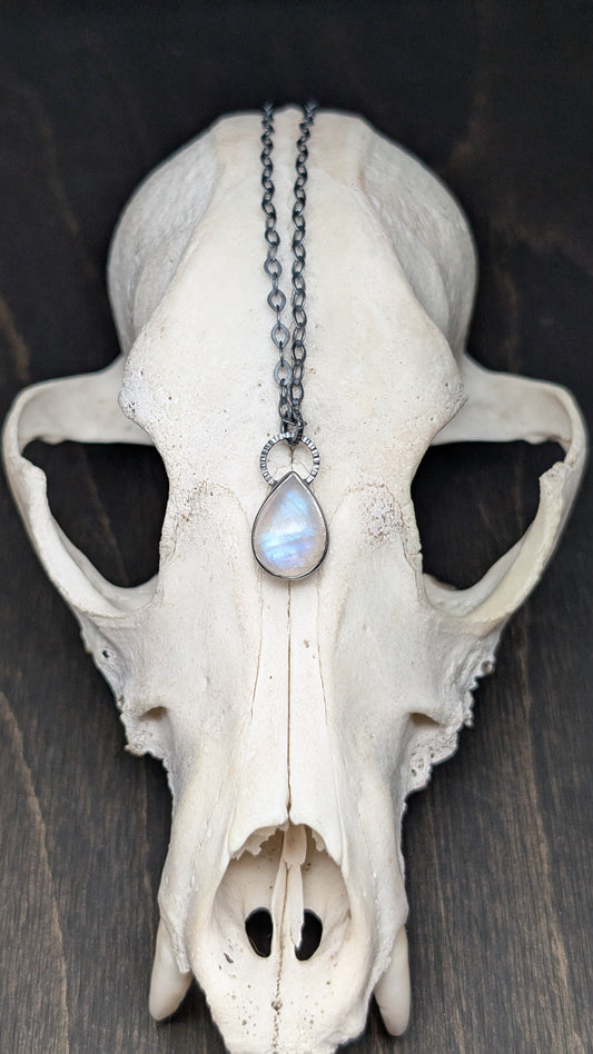 Teardrop Rainbow Moonstone Textured Sterling Silver Necklace