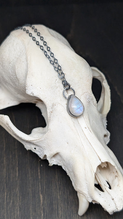 Teardrop Rainbow Moonstone Textured Sterling Silver Necklace