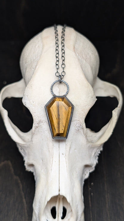 XL Tiger's Eye Coffin Textured Sterling Silver Necklace