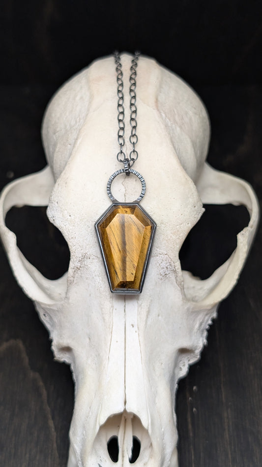 XL Tiger's Eye Coffin Textured Sterling Silver Necklace