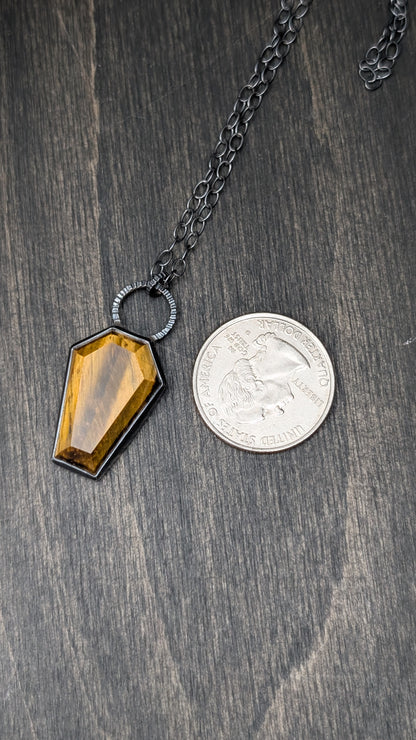 XL Tiger's Eye Coffin Textured Sterling Silver Necklace