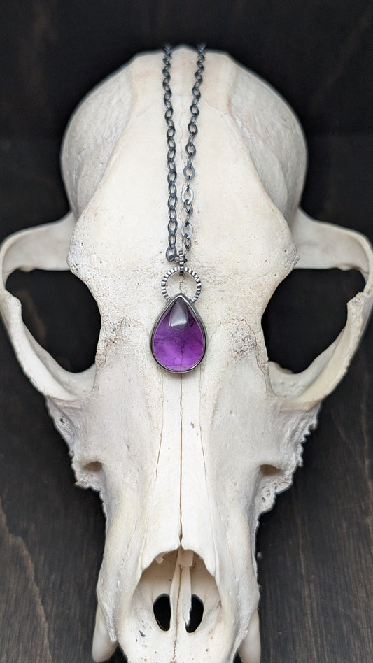 Medium Amethyst Teardrop Textured Sterling Silver Necklace