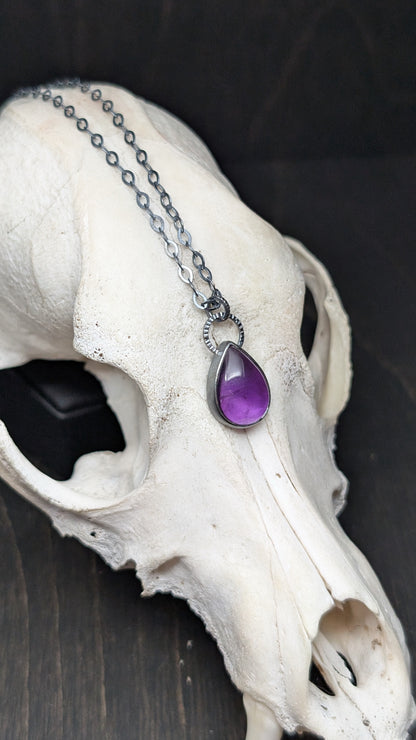 Medium Amethyst Teardrop Textured Sterling Silver Necklace