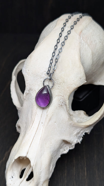 Medium Amethyst Teardrop Textured Sterling Silver Necklace