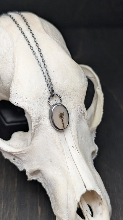 Dendritic Agate Oval Slice Textured Sterling Silver Necklace