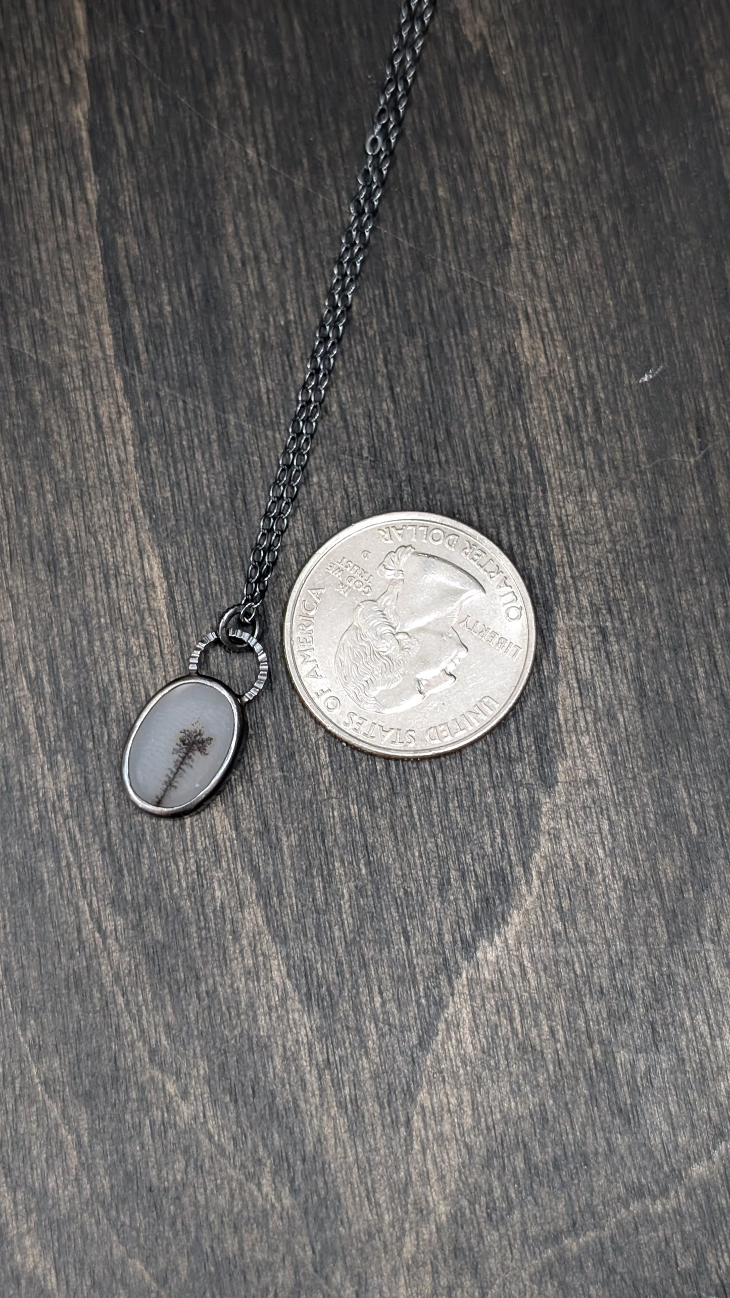 Dendritic Agate Oval Slice Textured Sterling Silver Necklace