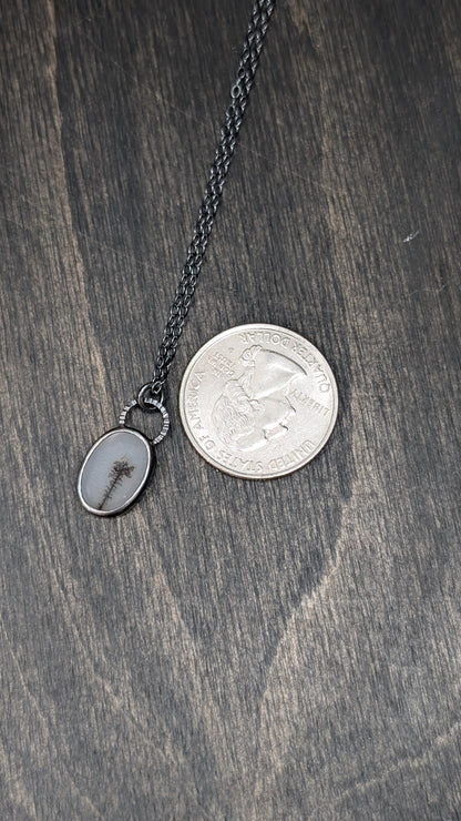 Dendritic Agate Oval Slice Textured Sterling Silver Necklace