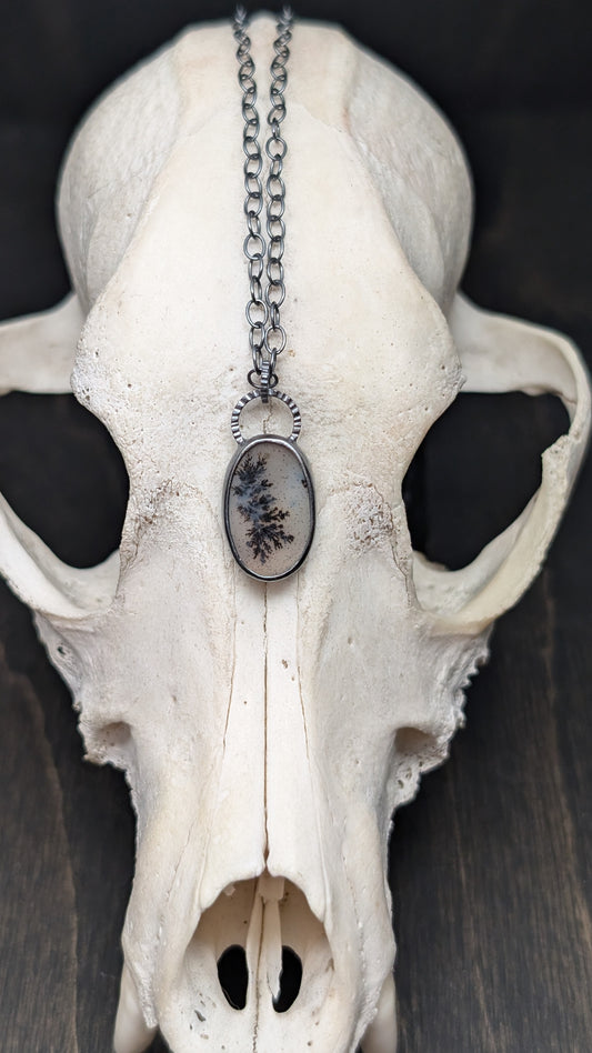 Dendritic Agate Oval Slice Textured Sterling Silver Necklace