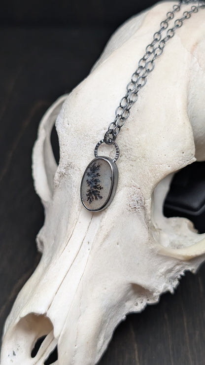 Dendritic Agate Oval Slice Textured Sterling Silver Necklace
