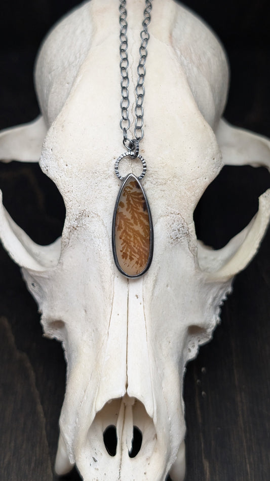 Dendritic Agate Teardrop Slice Textured Sterling Silver Necklace