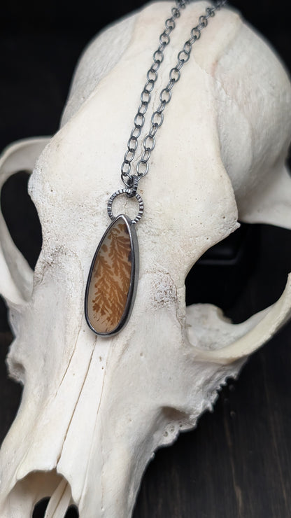 Dendritic Agate Teardrop Slice Textured Sterling Silver Necklace