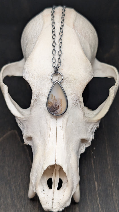 Dendritic Agate Teardrop Slice Textured Sterling Silver Necklace