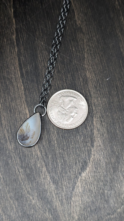 Dendritic Agate Teardrop Slice Textured Sterling Silver Necklace