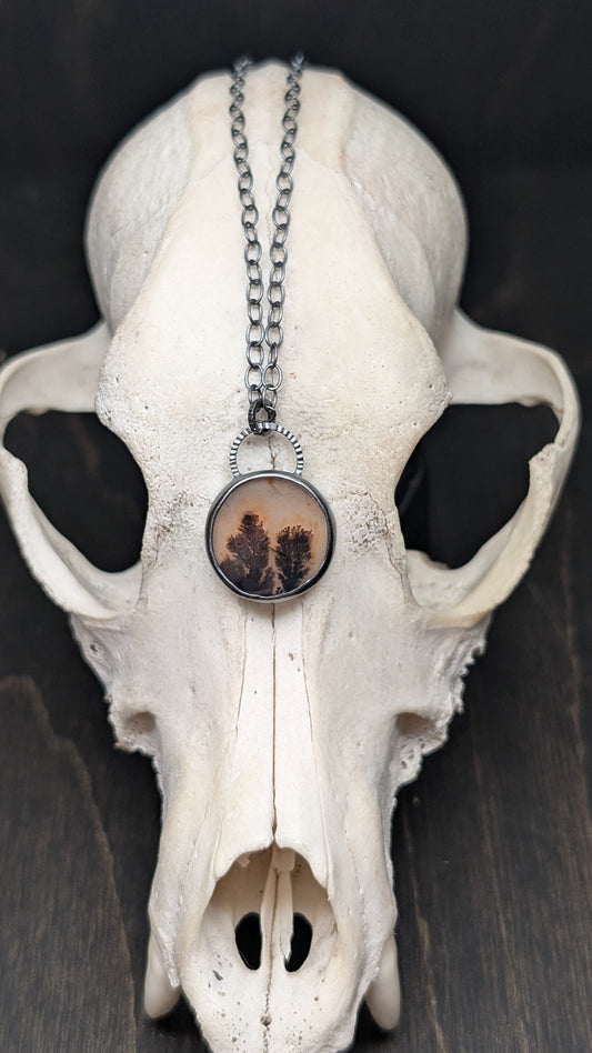 Dendritic Agate Round Slice Textured Sterling Silver Necklace