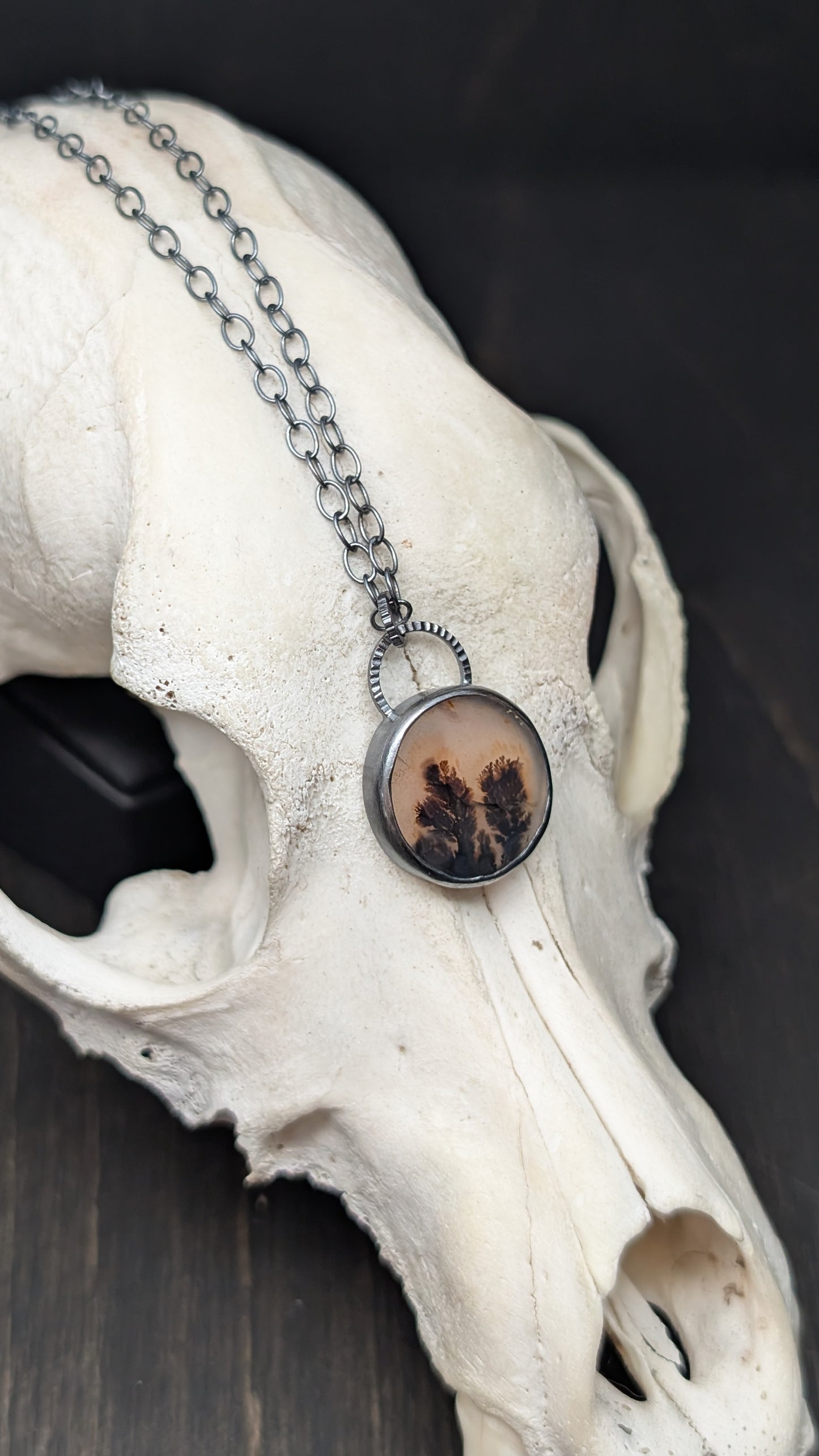 Dendritic Agate Round Slice Textured Sterling Silver Necklace
