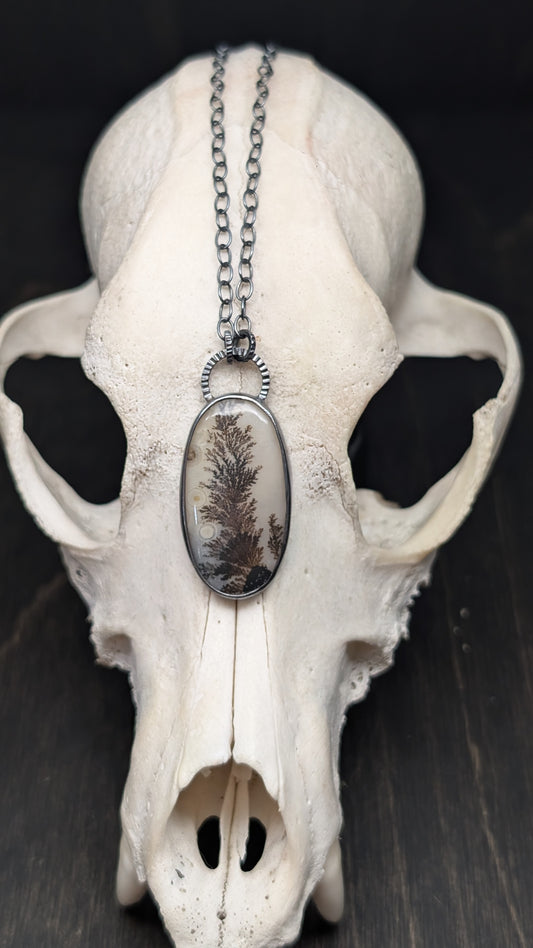 Dendritic Agate Oval Slice Textured Sterling Silver Necklace