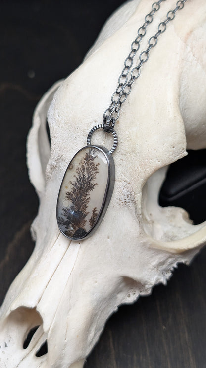 Dendritic Agate Oval Slice Textured Sterling Silver Necklace