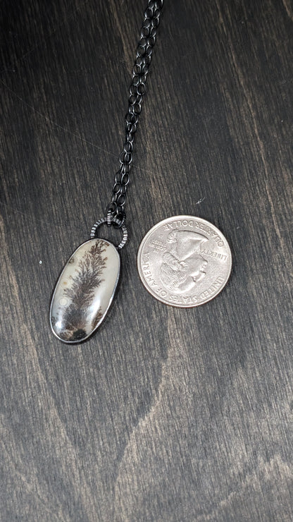 Dendritic Agate Oval Slice Textured Sterling Silver Necklace