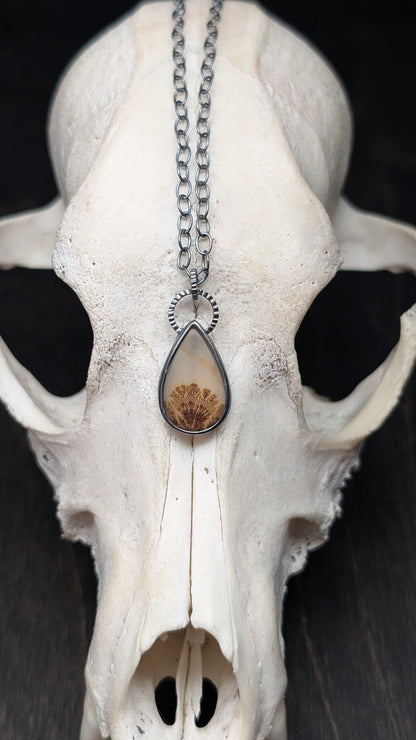 Dendritic Agate Teardrop  Slice Textured Sterling Silver Necklace