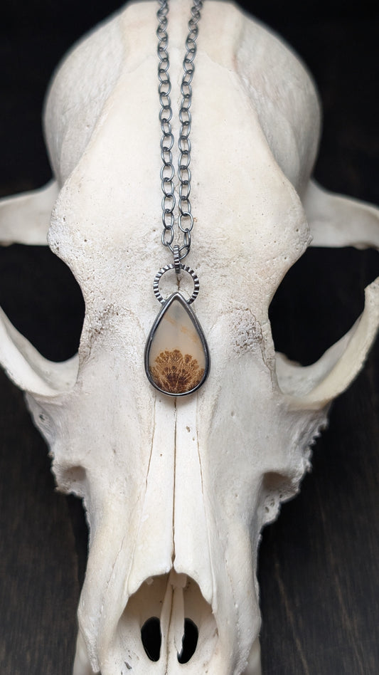 Dendritic Agate Teardrop  Slice Textured Sterling Silver Necklace
