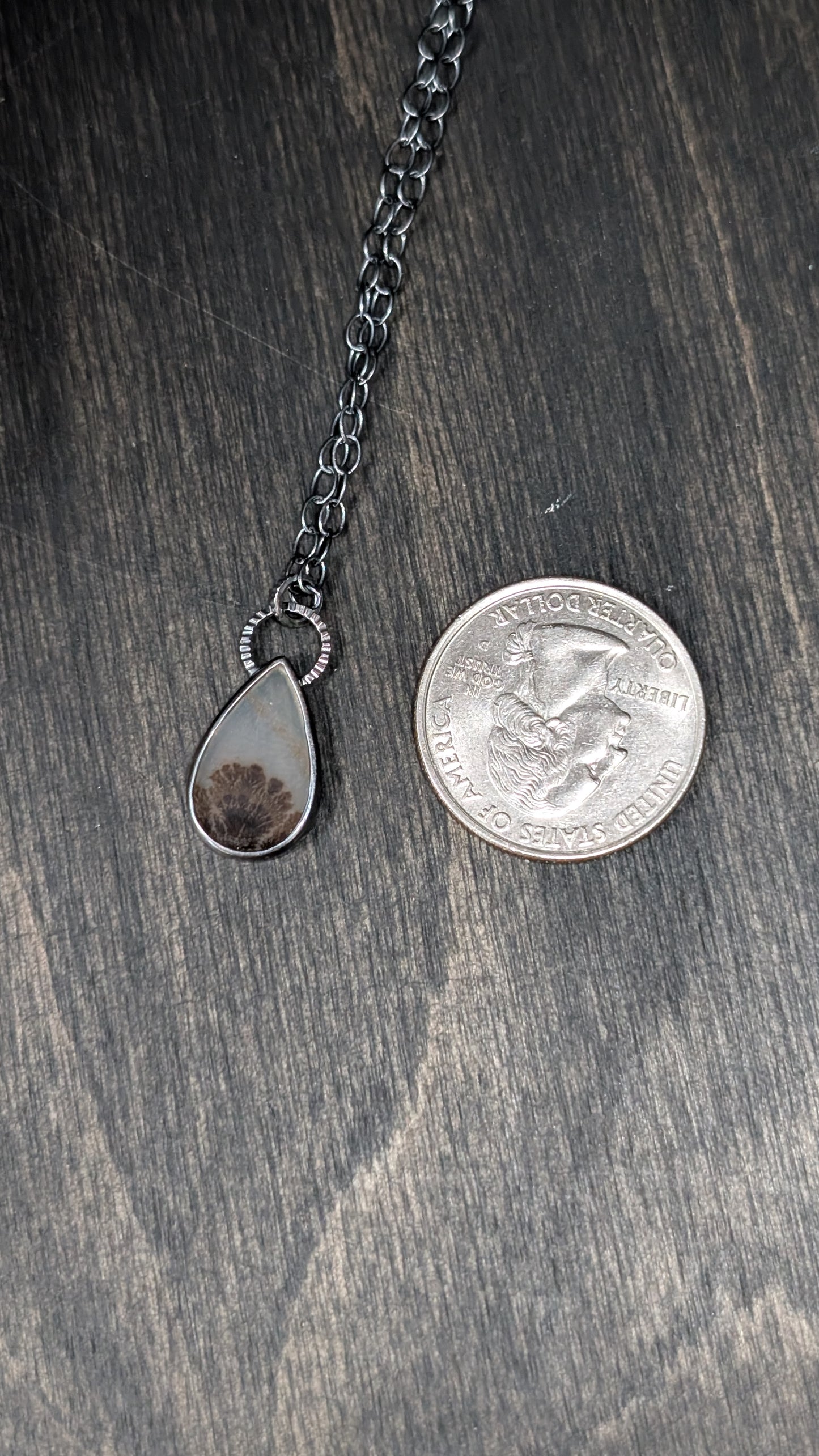 Dendritic Agate Teardrop  Slice Textured Sterling Silver Necklace