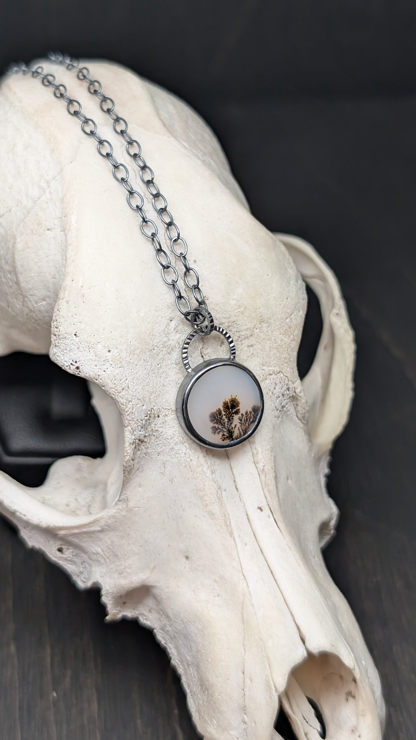 Dendritic Agate Round Slice Textured Sterling Silver Necklace