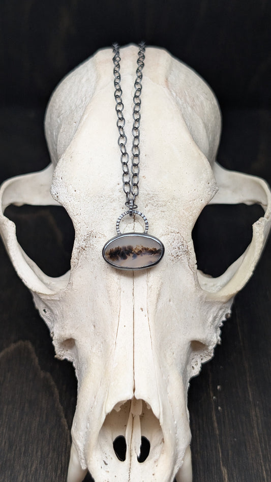 Dendritic Agate Oval Slice Textured Sterling Silver Necklace