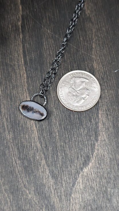 Dendritic Agate Oval Slice Textured Sterling Silver Necklace
