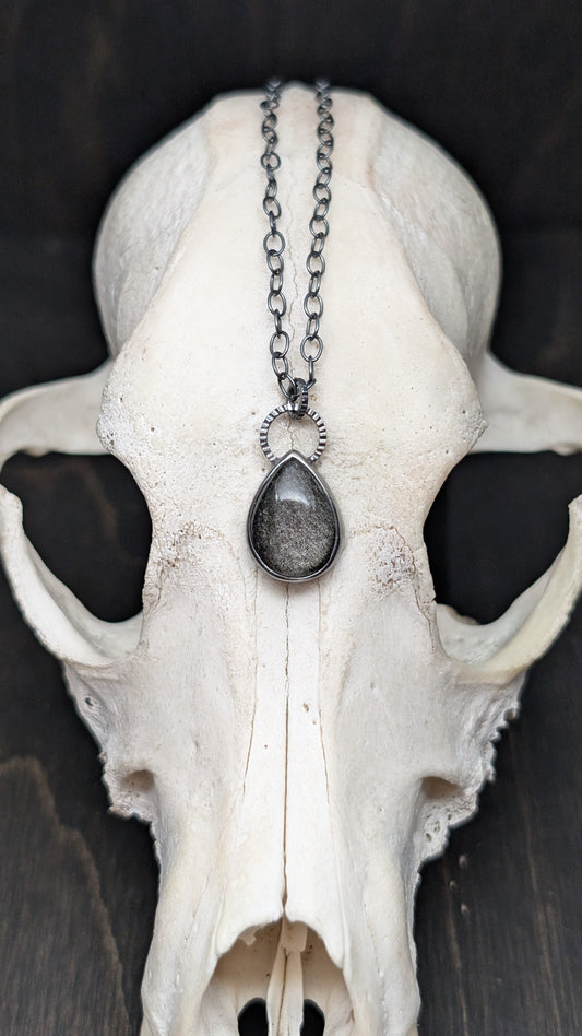 Silver Sheen Obsidian Teardrop Textured Sterling Silver Necklace