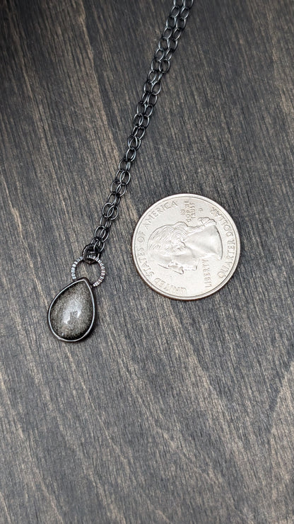Silver Sheen Obsidian Teardrop Textured Sterling Silver Necklace