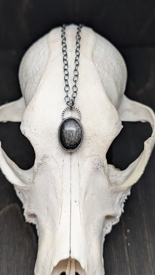 Silver Sheen Obsidian Oval Textured Sterling Silver Necklace