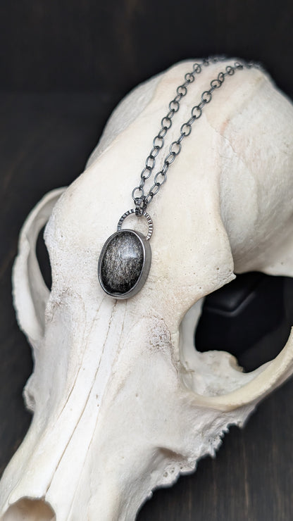 Silver Sheen Obsidian Oval Textured Sterling Silver Necklace