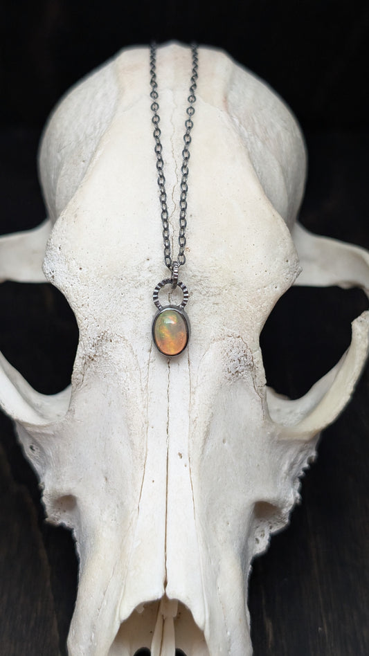 Mini Ethiopian Opal Oval Textured Sterling Silver Necklace